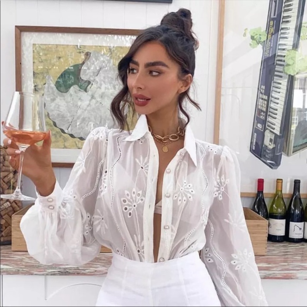 Boho embroidered eyelet pearl button up top white